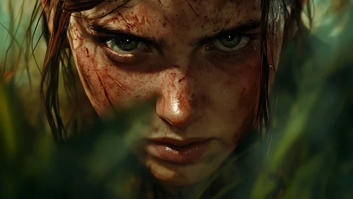 Battle-worn girl close-up with blood, sweat and foliage bokeh