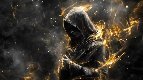 Hooded robed figure stands in swirling golden energy