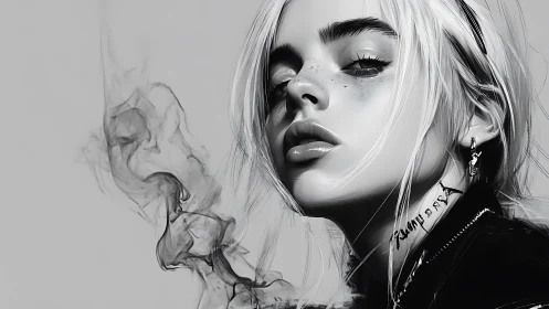 Monochrome digital portrait of young person with smoke element.