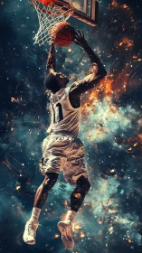 Dynamic basketball dunk rendered with cosmic particle effects and glow