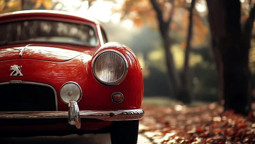 Red vintage Peugeot front end parked in autumn light
