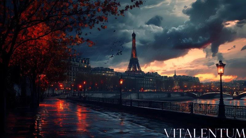Rainy Paris dusk with glowing streets and quiet river walks.