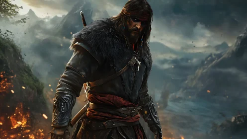 Scarred marauder stalks ember-lit cliffs in stormlight.