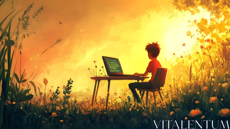 Child codes outdoors under warm glowing sunset light