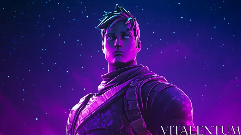 Neon space hero standing bold beneath a glowing galaxy.