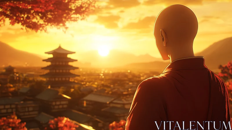 Sunlit monk silhouette observing pagoda city at golden sunset