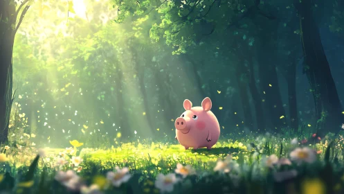 Digital painting of a whimsical pink pig in luminous forest glade.