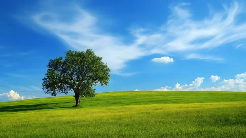 Lonely green tree on bright grassy hill under blue sky.