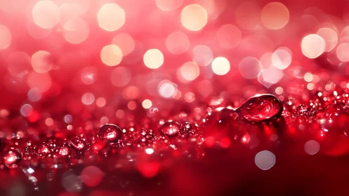 Red macro water droplets with bright bokeh background.