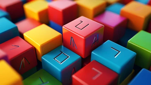 Colorful 3D cubes with abstract symbols in tight cluster.
