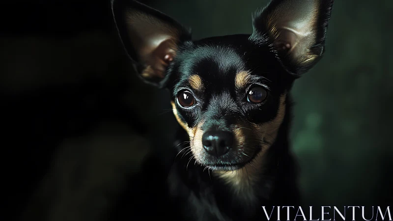 Close-up portrait of small black and tan dog on dark background.