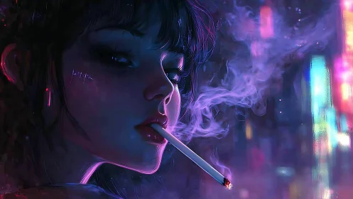 Cigarette glow profiles cyberpunk woman in neon volumetric haze