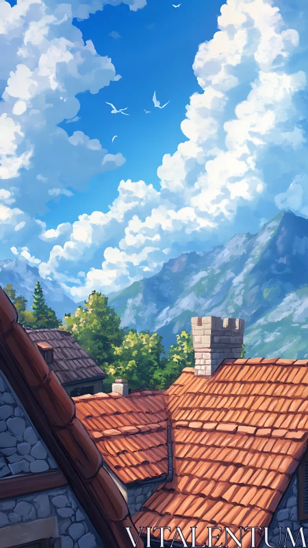 Mountain village roofs under luminous summer clouds.