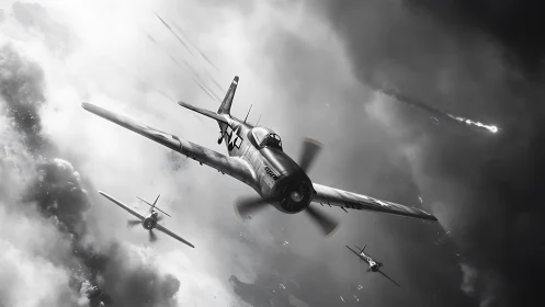 WWII fighter squadron dives through dense storm clouds