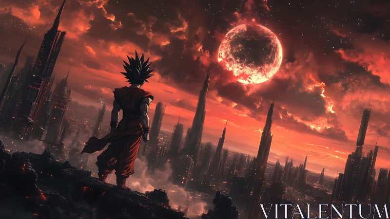 Saiyan warrior surveys apocalyptic sci-fi metropolis at dusk.