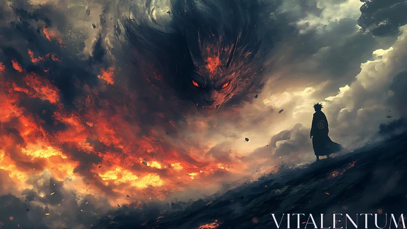 Fiery sky entity confronting solitary cloaked figure.