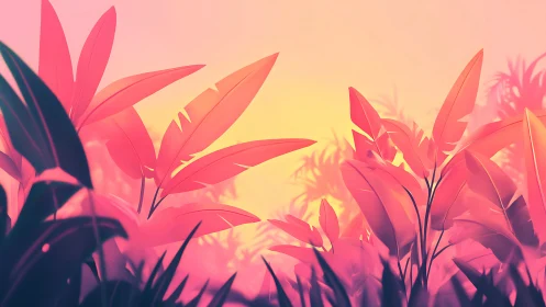 Vibrant pink tropical foliage against glowing sunset sky.
