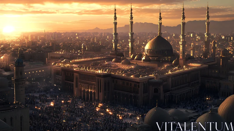 Sunset-lit mosque complex with dense urban skyline and crowded plaza