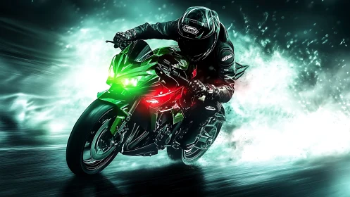 Neon green superbike racer cutting through teal motion haze.
