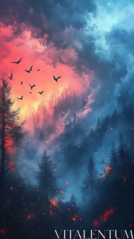 Forest Ablaze: Apocalyptic Sky and Fleeing Birds.