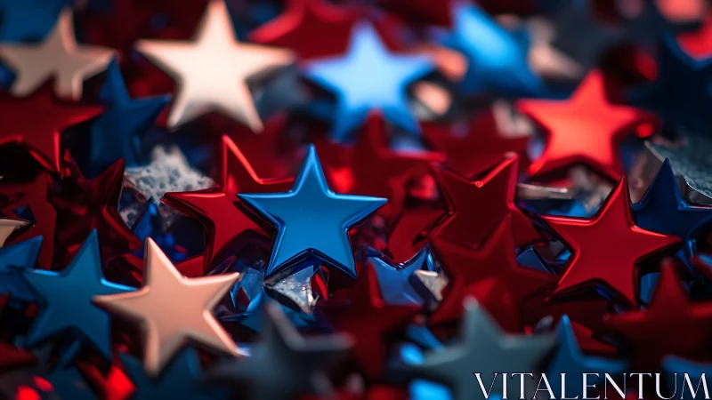 Photorealistic macro of glossy red and blue star confetti.