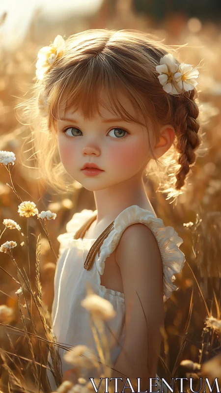 Sunlit girl in golden meadow with soft floral accents.