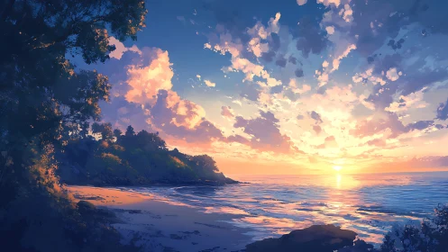 Littoral sunset study with volumetric clouds and specular sea light.