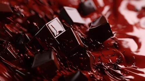 Dark Chocolate Cubes Splashing in Rich Liquid, Hyperrealistic Art.