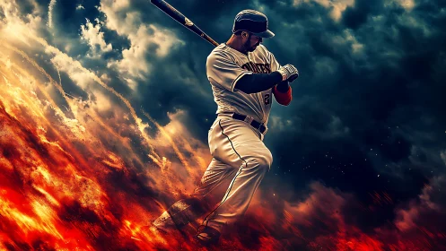 Fiery baseball slugger powers through stormy dramatic skies