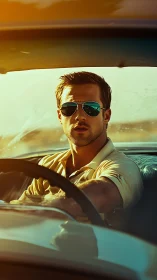 Sunlit driver steers a golden highway daydream homeward