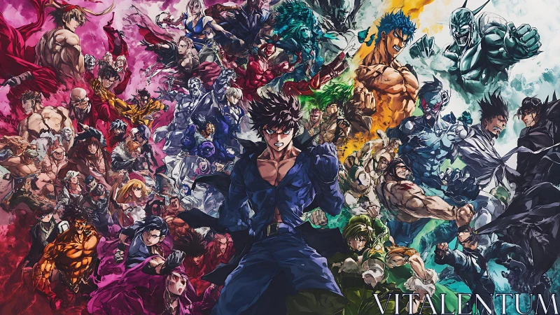 Heroic anime fighters gathered in a fierce, colorful showdown.