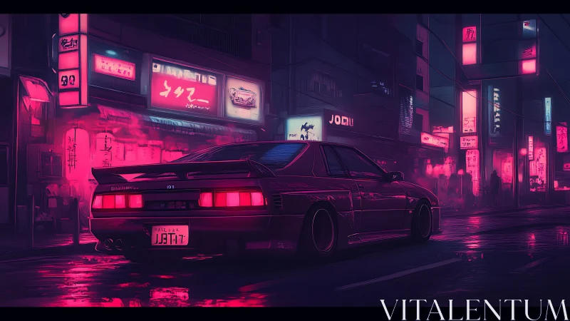 Neon-soaked street racer idles beneath electric midnight haze.