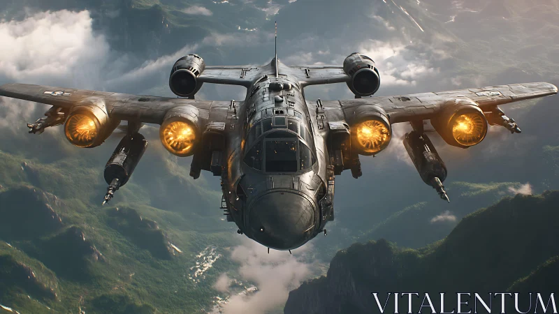 Twin-engine attack aircraft over mountainous terrain.