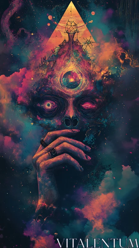 Psychedelic astral visage with geometric third-eye convergence.