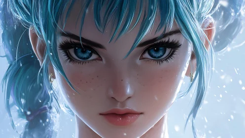 Frost-eyed girl stares down winter with fierce crystal calm.