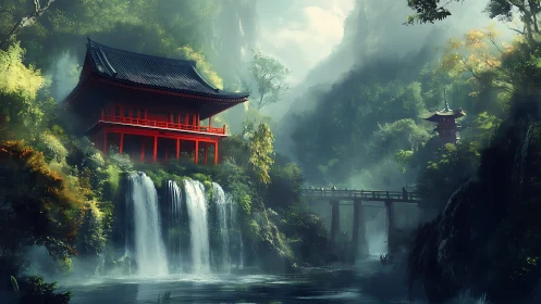 Crimson cliffside temple humming above whispering waterfalls.