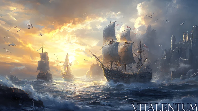 Sunlit galleons cutting stormy seas near cliff fortress.
