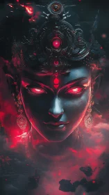 Divine cyber goddess with glowing red eyes dominates void