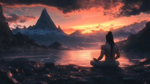 Solitary yogi observes glacial peak across incandescent lake