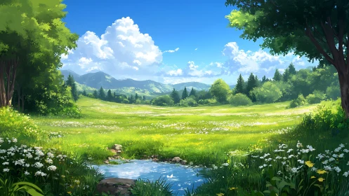 Sunlit meadow landscape with stream and distant mountains.