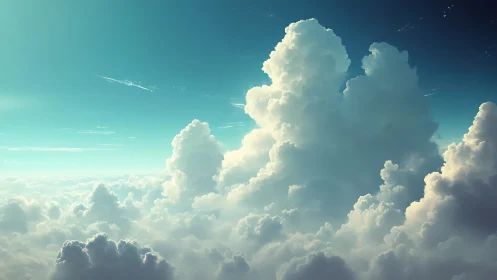 Vertical cumulus cloud formations in clear blue sky.