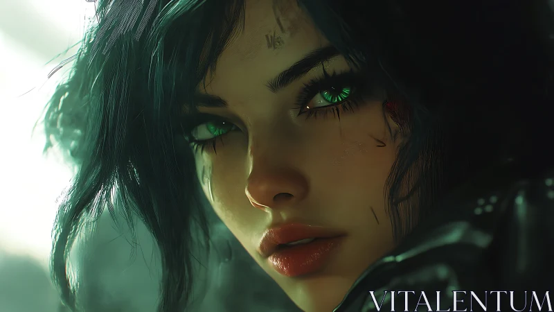 Emerald eyed cyber heroine in moody cinematic closeup.