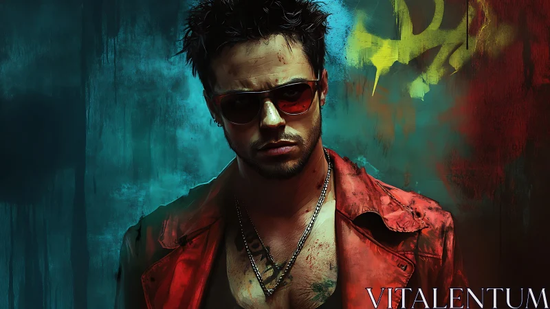 Male figure in red jacket before teal graffiti wall.