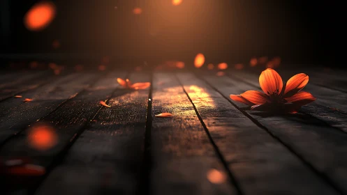 Fallen orange flower glows softly on weathered wooden boards