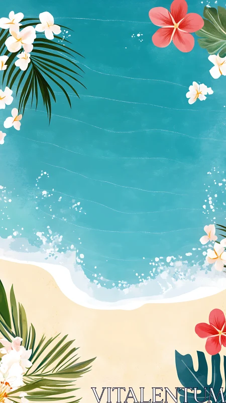 Tropical shoreline curls softly while flowers frame the surf