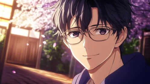 Smiling student under twilight cherry blossoms, soft light.