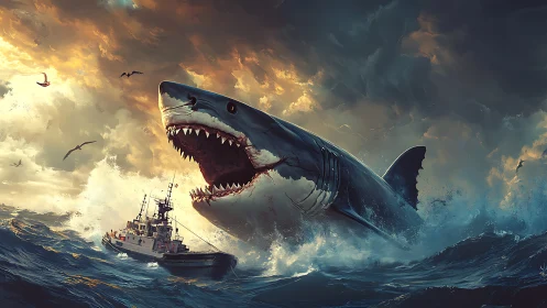 Giant shark lunges beside stormy sea rescue vessel.