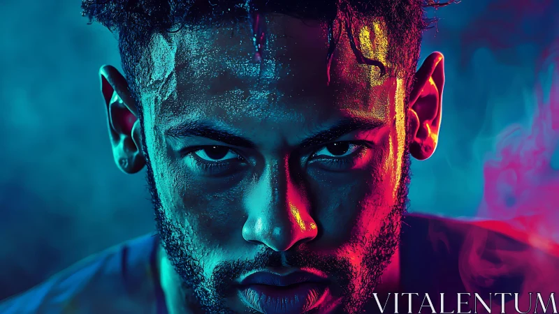 Close frontal digital portrait uses contrasting neon lighting