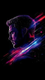 Profile portrait of male figure with neon light streaks