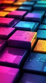 3D chromatic cube grid with glossy gradients and droplets.